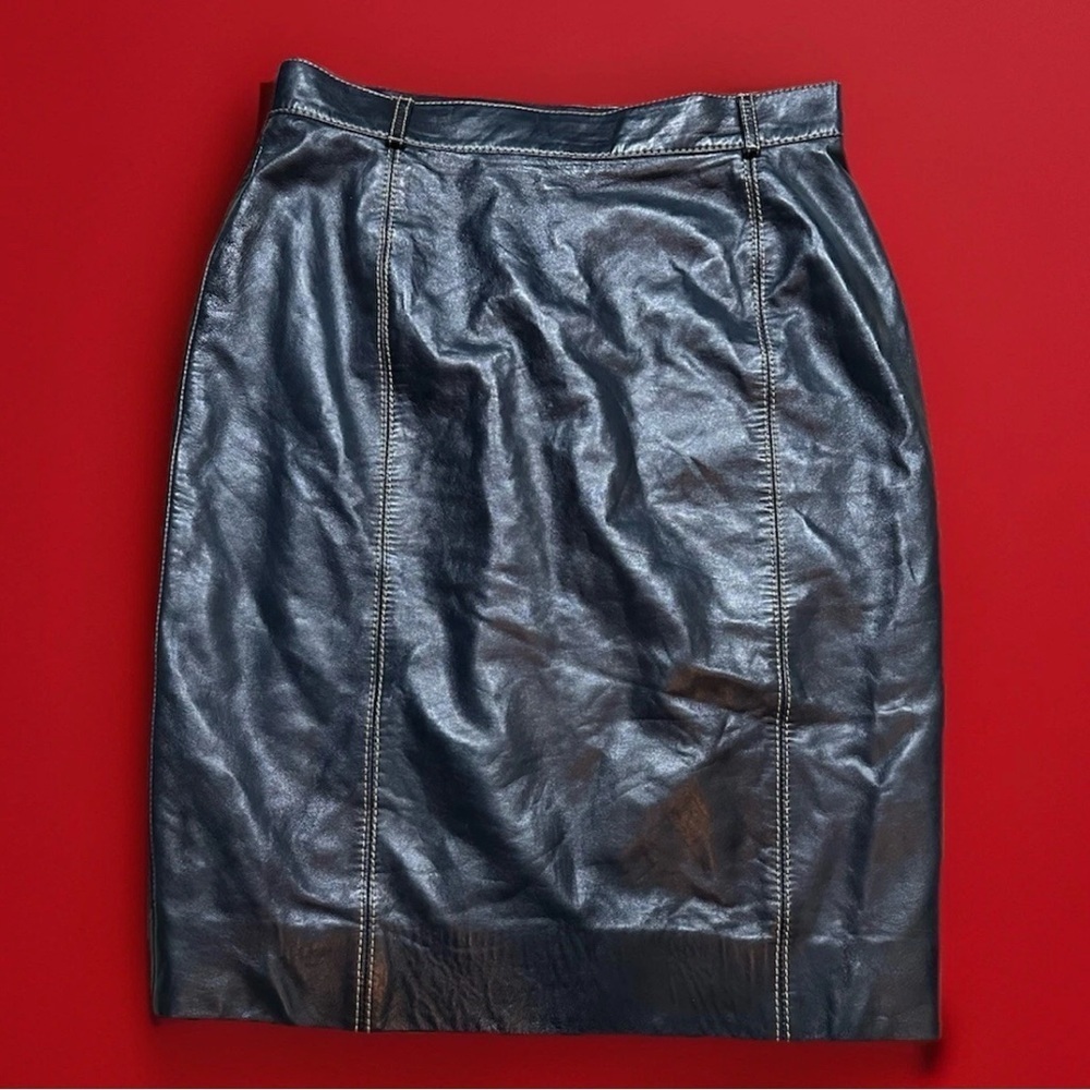 True Vintage Expert Crafted Handmade Navy size 42 eu genuine leather Midi Skirt - Picture 3 of 5
